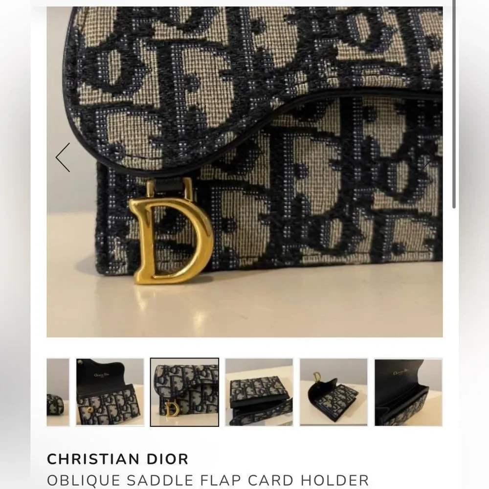 Christian Dior Oblique Saddle Flap Card Holder Blue Leather Mini with Gold Logo